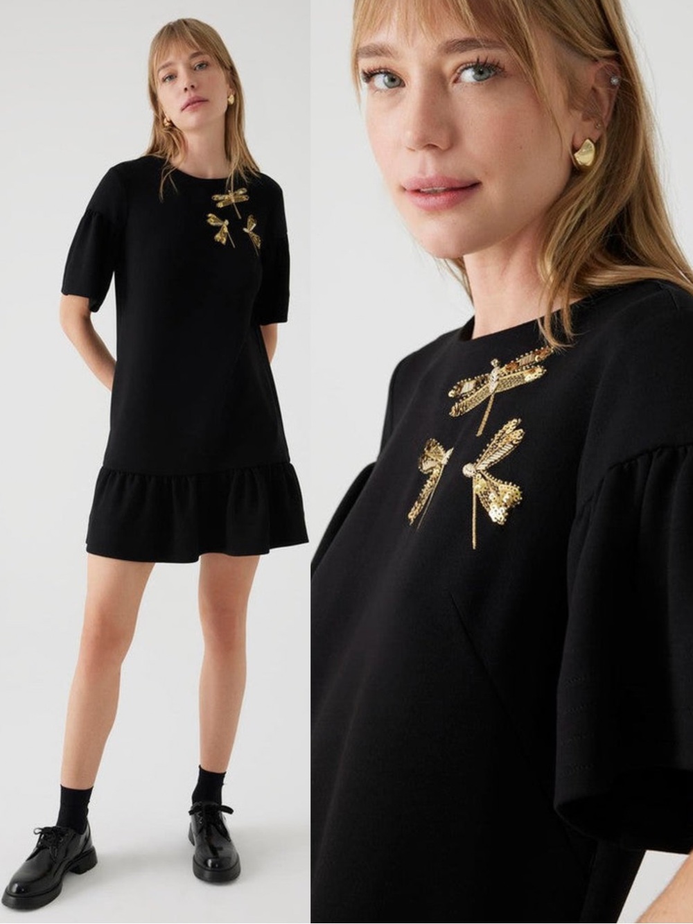 Anthropologie EXQUISE Alexandra Mini Dress in Black Gold Embellished Dragonflies